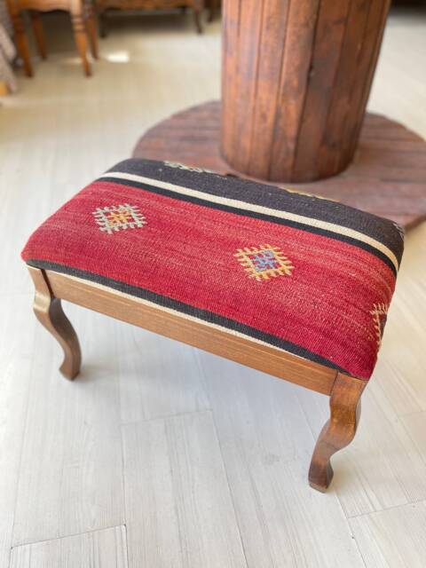 Vintage Kilim Ottoman Stool, Beech Wood Legs, Shellac Polished - image 1