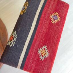 Vintage Kilim Ottoman Stool, Beech Wood Legs, Shellac Polished - thumbnail 3
