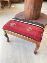 Vintage Kilim Ottoman Stool, Beech Wood Legs, Shellac Polished