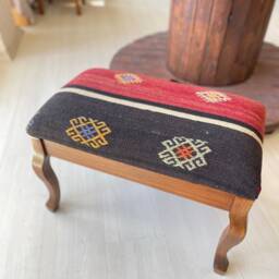 Vintage Kilim Ottoman Stool, Beech Wood Legs, Shellac Polished - thumbnail 2