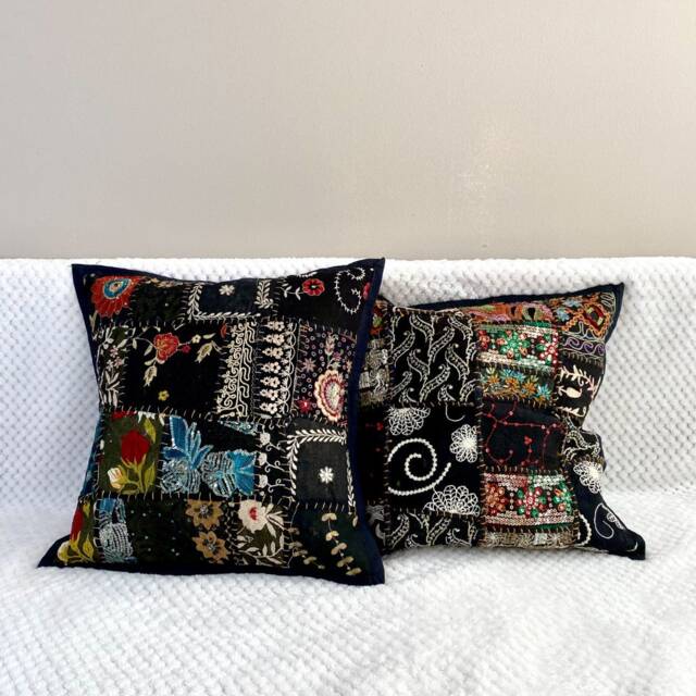 Cushion Cover, Throw Pillow, Black, Multi Color, Ethnic Indian. 40x40 cms, 16 Inches Square, Embroidered Sari Patchwork, Boho, Bohemian, Ethnic Art - image 1