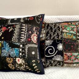 Cushion Cover, Throw Pillow, Black, Multi Color, Ethnic Indian. 40x40 cms, 16 Inches Square, Embroidered Sari Patchwork, Boho, Bohemian, Ethnic Art - thumbnail 2