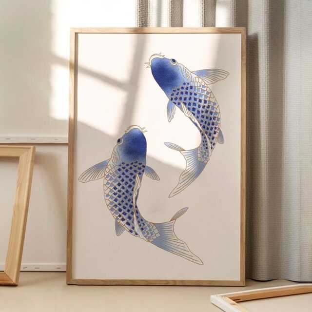 Blue Koi Fish Art Canvas Poster, Retro Wall Art, Good Luck Aesthetic Decor, Home Printed Gift - image 1