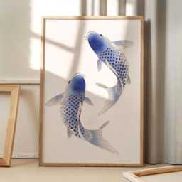 Blue Koi Fish Art Canvas Poster, Retro Wall Art, Good Luck Aesthetic Decor, Home Printed Gift - thumbnail 1