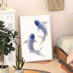 Blue Koi Fish Art Canvas Poster, Retro Wall Art, Good Luck Aesthetic Decor, Home Printed Gift - thumbnail 3