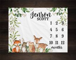 Woodland Milestone Blanket Monthly Growth Tracker Fox Baby Shower Gift Newborn Watch Me Grow Boy Bm18 - thumbnail 1