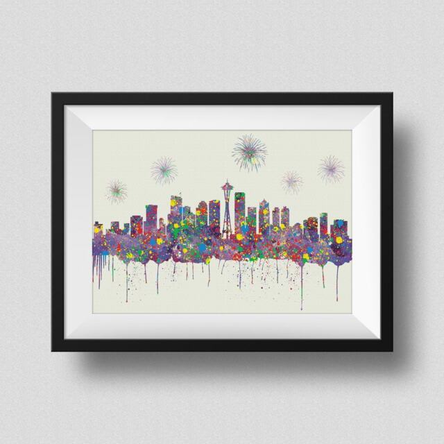 Seattle Skyline Watercolor Map Art Print Washington Ink Splash Poster Canvas