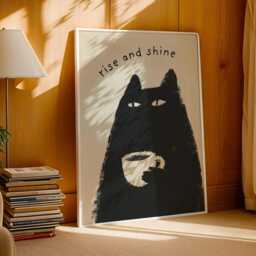 Black Cat Coffee Print - Rise & Shine Wall Art, Funny Poster, Sleepy Drinking Coffee, Minimal Morning Grumpy Decor - thumbnail 3