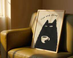 Black Cat Coffee Print - Rise & Shine Wall Art, Funny Poster, Sleepy Drinking Coffee, Minimal Morning Grumpy Decor - thumbnail 1