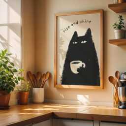 Black Cat Coffee Print - Rise & Shine Wall Art, Funny Poster, Sleepy Drinking Coffee, Minimal Morning Grumpy Decor - thumbnail 2