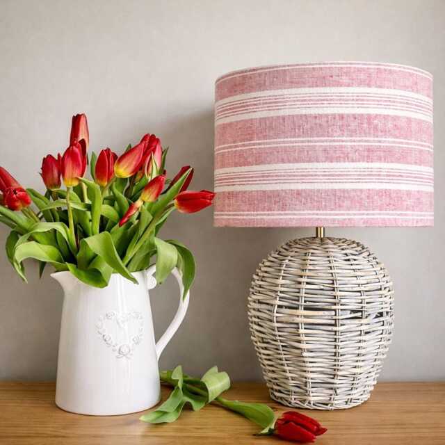 Linen Lampshade Or Ceiling Red & Antique White Stripes - image 1