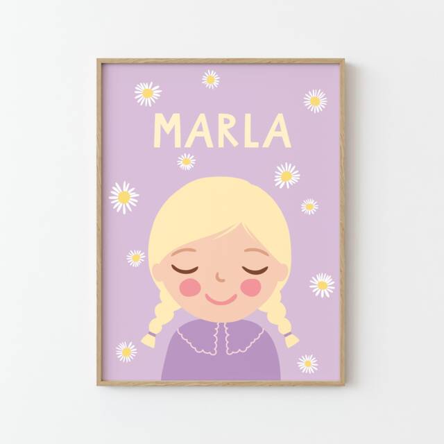 Personalized Portrait Girl With Blonde Hair Daisy Flower - Illustration Print Poster For Kids Children's Wall Decor Lilac - image 1