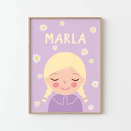 Personalized Portrait Girl With Blonde Hair Daisy Flower - Illustration Print Poster For Kids Children's Wall Decor Lilac - thumbnail 1