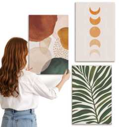 Canvas Set Of 3 - Shapes in Warm Colors & Leaves, Brown Print On Canvas, Abstract Wall Decor - thumbnail 1