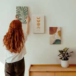 Canvas Set Of 3 - Shapes in Warm Colors & Leaves, Brown Print On Canvas, Abstract Wall Decor - thumbnail 3