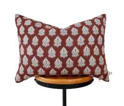 Hand Block Print Pillow Cover, Rusty Red & Natural Floral Cover , Natural Linen Cover - thumbnail 1