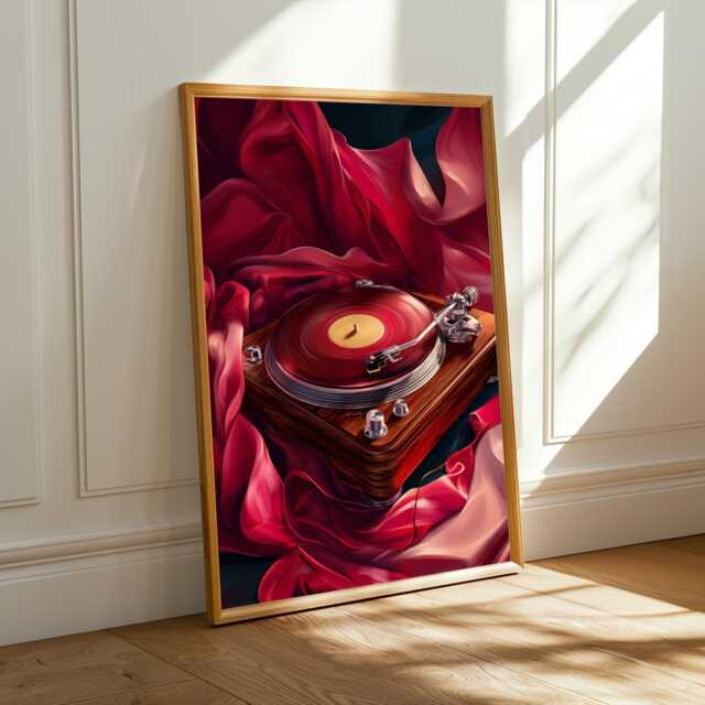 Vintage Turntable Art Print Red Burgundy Music Room Decor - Poster Only - image 1