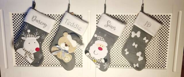 Personalised Christmas Stockings Knitted Grey Glitter Silver - Santa Reindeer Teddy Fireplace Decorations Matching Family Dog - image 1