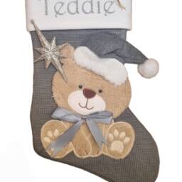 Personalised Christmas Stockings Knitted Grey Glitter Silver - Santa Reindeer Teddy Fireplace Decorations Matching Family Dog - thumbnail 2