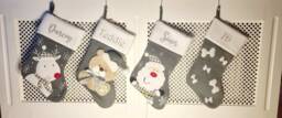 Personalised Christmas Stockings Knitted Grey Glitter Silver - Santa Reindeer Teddy Fireplace Decorations Matching Family Dog