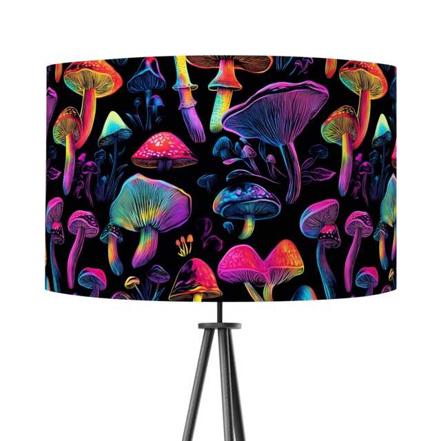 Neon Mushroom Funghi Print Velvet Lampshade Black Colourful 25cm 30cm 35cm 40cm 45cm - Drum Lamp Shade Handmade Home Decor Ceiling - image 1