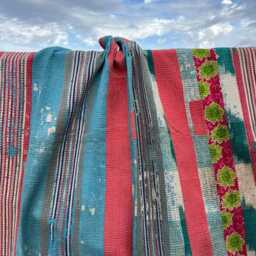 Vintage Indian Kantha Quilt Reversible Patchwork Block Print Cotton Handmade Bedspread - thumbnail 3