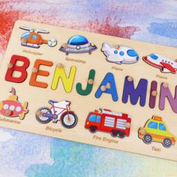 Christmas Gift For Babies, 2nd Birthday Baby Boy, Wooden Name Puzzle With Vehicles, Personalized Memory Toy, Nephew - thumbnail 2