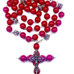 Large Christmas Rosary Wall Cross, Cherry Red Acrylic Beads, Handmade Christian Decor - 44 In - thumbnail 2