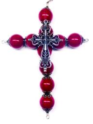 Large Christmas Rosary Wall Cross, Cherry Red Acrylic Beads, Handmade Christian Decor - 44 In
