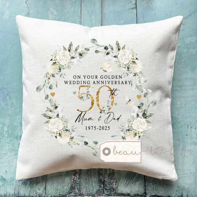 Personalised Golden Gold Wedding Anniversary Cushion Anniversary Gift 50Th 50 Cushion Ruby Emerald Silver - image 1