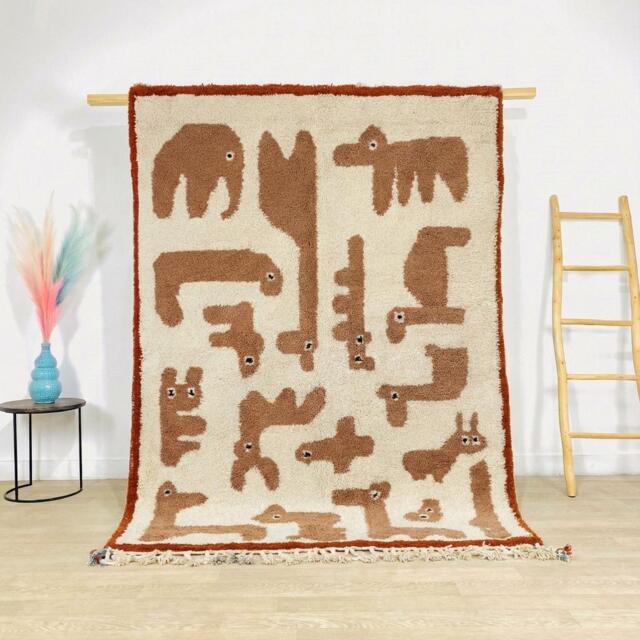 Cream Moroccan Berber Rug With Playful Animal Motif, Handmade Wool Shag Rug, Tribal Style 9x12 Area For Living Room - image 1