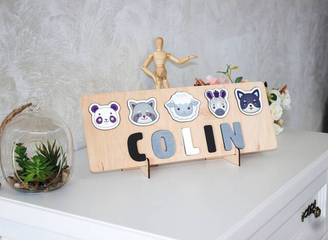 Personalized Wood Name Puzzle With Animals, Baby Shower Gift - image 1