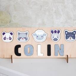 Personalized Wood Name Puzzle With Animals, Baby Shower Gift - thumbnail 3
