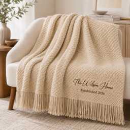Custom Embroidered Throw Blanket, Chunky Knit Sofa Blanket With Fringe, Personalized Home Decor Cozy Bedroom Gift - thumbnail 1