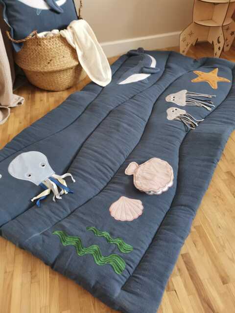 Blue Linen Baby Play Mat With Ocean Animals, Developmental, Activity Toys, Montessori Tummy Time - image 1