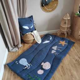 Blue Linen Baby Play Mat With Ocean Animals, Developmental, Activity Toys, Montessori Tummy Time - thumbnail 2