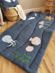 Blue Linen Baby Play Mat With Ocean Animals, Developmental, Activity Toys, Montessori Tummy Time