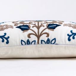 Embroidered Floral Lumbar Pillow Cover, Blue Brown Linen - thumbnail 3