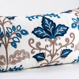 Embroidered Floral Lumbar Pillow Cover, Blue Brown Linen - thumbnail 2