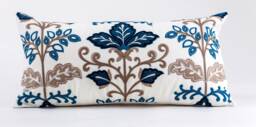 Embroidered Floral Lumbar Pillow Cover, Blue Brown Linen - thumbnail 1