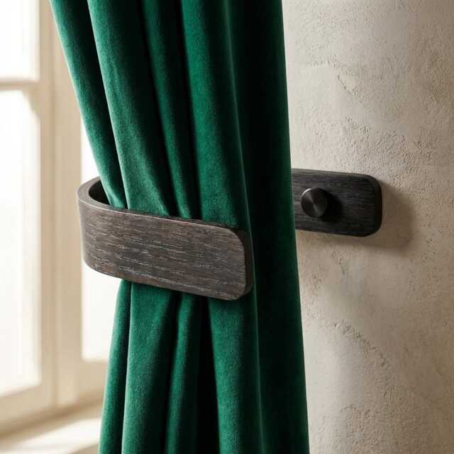 Curtain Holdbacks - Black Tie Backs Wooden Hooks Modern Minimalist Fittings - image 1
