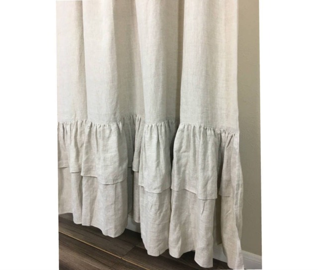 Natural Linen Curtains With Two Tiered Of Mermaid Long Ruffles, Farm House Style, Ruffled Curtains, Extra Long Shabby Chic, A Pair - image 1