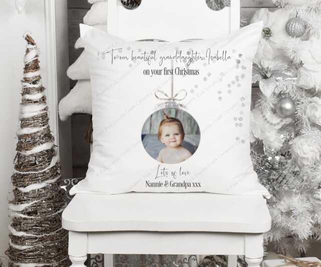 Christmas Gift, Photo Cushion, Bauble Baby 1st Christmas, Xmas Gift For Her - image 1