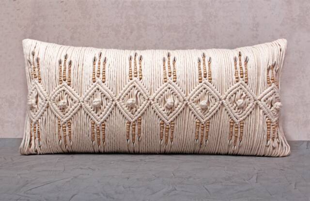 Off-White Cotton Macrame Bohemian, Bali Style Pillow Cover, Decorative Handmade Throw Cover, Embroidered Cover Wlcc049 - image 1