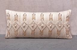 Off White Macrame Lumbar Pillow Cover, Handmade Cotton Boho Cushion With Wooden Beads
