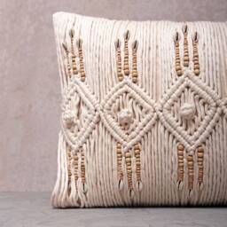 Off-White Cotton Macrame Bohemian, Bali Style Pillow Cover, Decorative Handmade Throw Cover, Embroidered Cover Wlcc049 - thumbnail 2