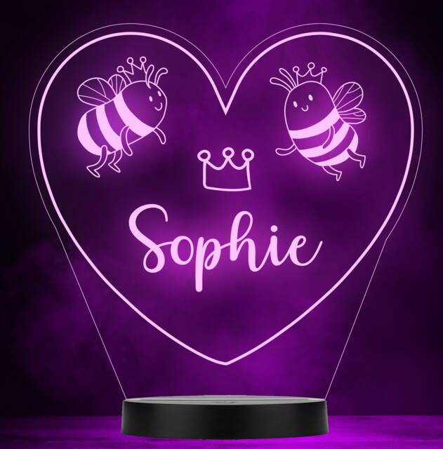 Bumble Bee Heart Queen Crown Personalised Gift Colour Change Lamp Night Light - image 1