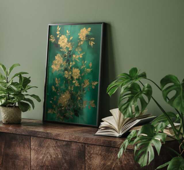 Emerald Green & Gold Floral Wall Art Print - Nature-Inspired Botanical Painting - image 1