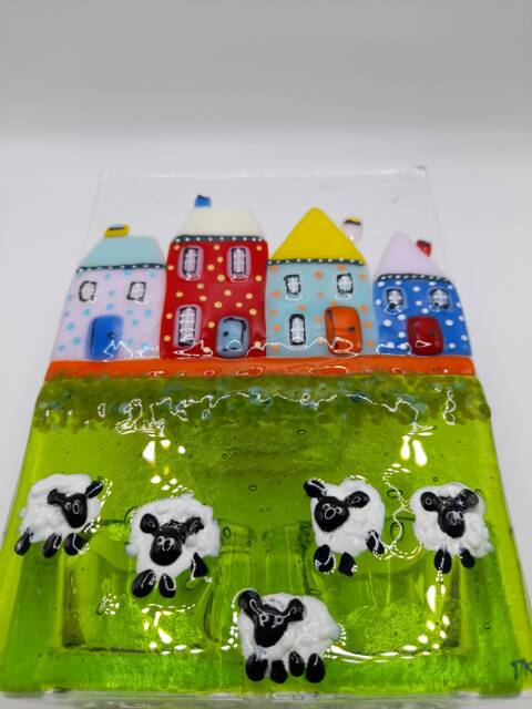 Village Green Fused Glass Art Tealight Holder. T Light Art. White Sheep. Multicoloured Houses. Countryside Rural. Bright Colours - image 1