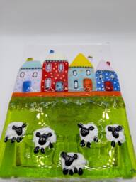 Village Green Fused Glass Art Tealight Holder. T Light Art. White Sheep. Multicoloured Houses. Countryside Rural. Bright Colours - thumbnail 1